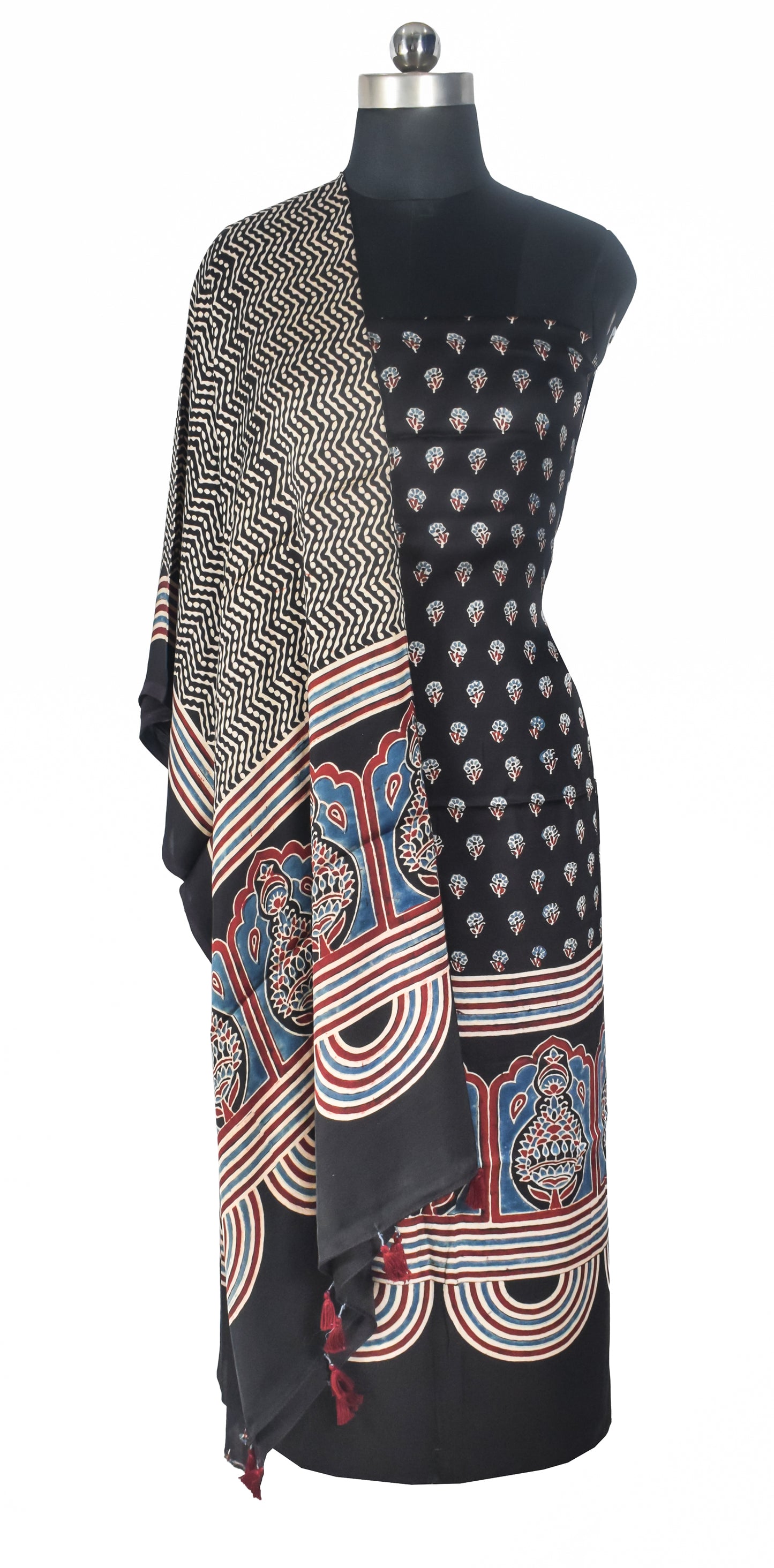 Ajrakh Modal Silk Natural Dye Three Colour Print | 3 Kam | Hand Block Print Kurta-Dupatta (Two Piece Set) with Full Ajrakh Heavy Dupatta with Tassels - 2.5 Mtr Length   -  SKU : AI10601S