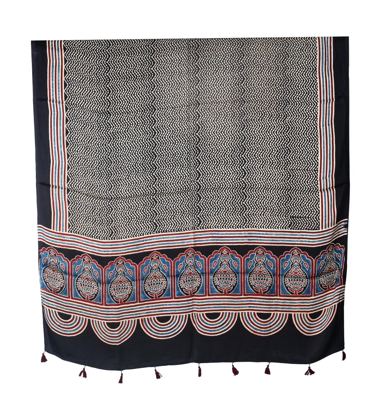 Ajrakh Modal Silk Natural Dye Three Colour Print | 3 Kam | Hand Block Print Kurta-Dupatta (Two Piece Set) with Full Ajrakh Heavy Dupatta with Tassels - 2.5 Mtr Length   -  SKU : AI10601S