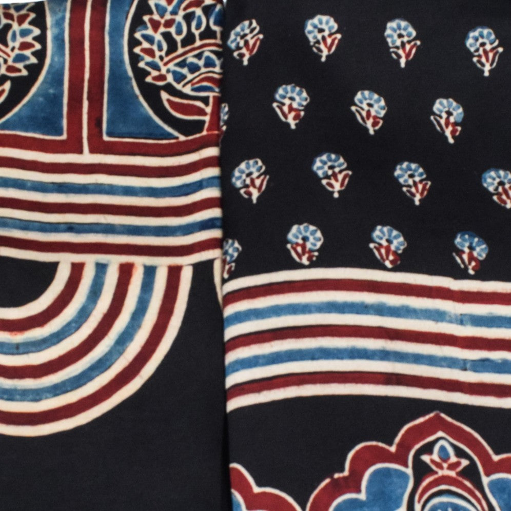 Ajrakh Modal Silk Natural Dye Three Colour Print | 3 Kam | Hand Block Print Kurta-Dupatta (Two Piece Set) with Full Ajrakh Heavy Dupatta with Tassels - 2.5 Mtr Length   -  SKU : AI10601S
