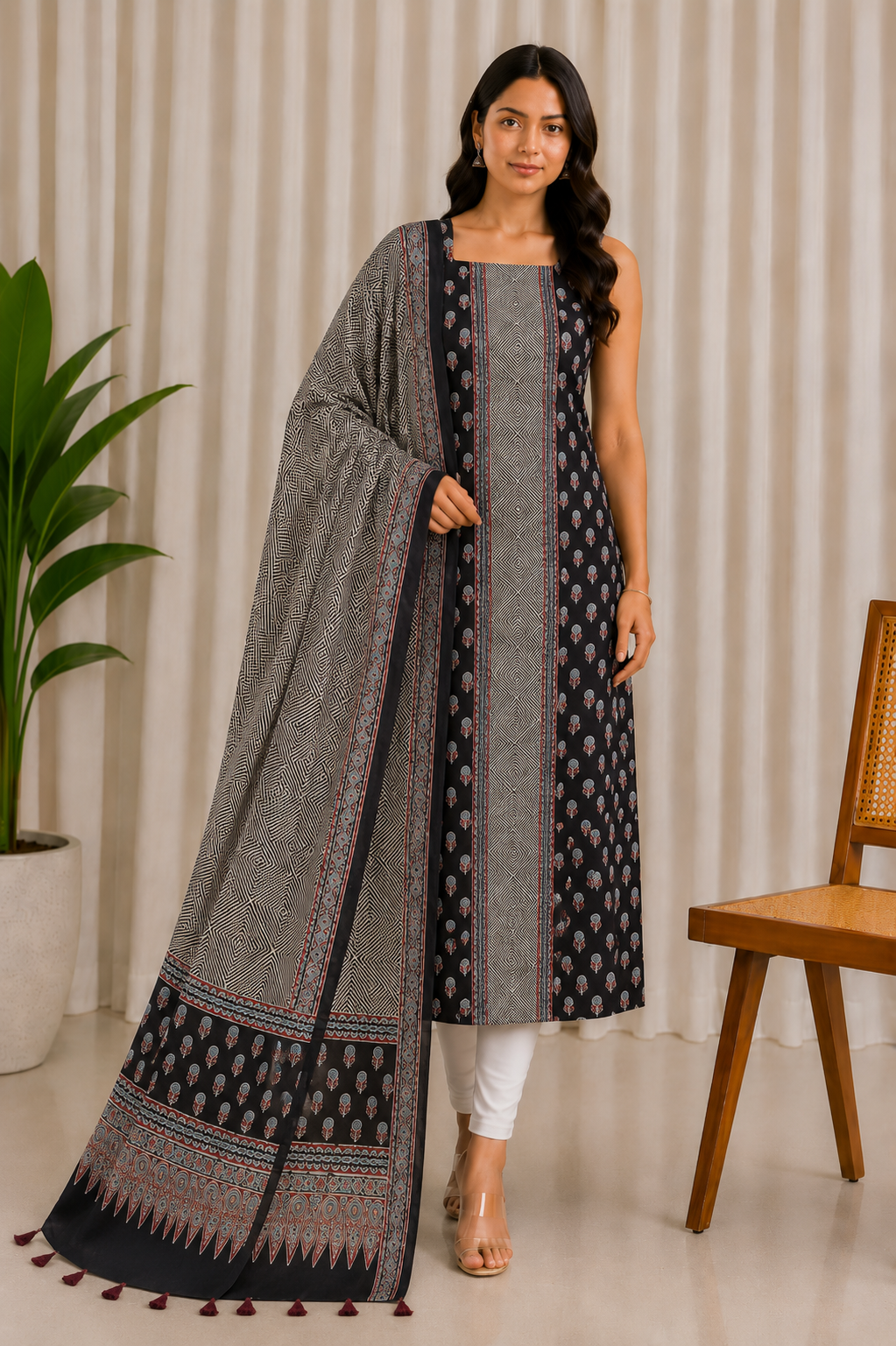Ajrakh Modal Silk Natural Dye Three Colour Print | 3 Kam | Hand Block Print Kurta-Dupatta (Two Piece Set) with Full Ajrakh Heavy Dupatta with Tassels - 2.5 Mtr Length   -  SKU : AI10601V
