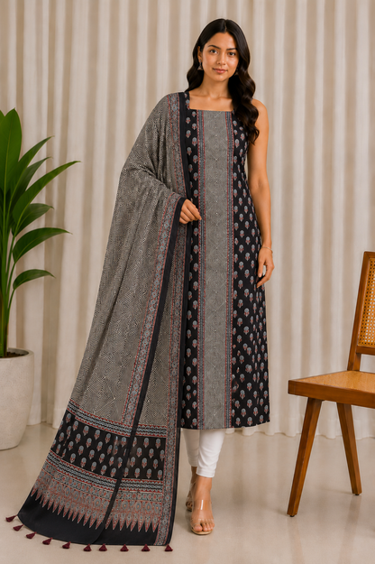 Ajrakh Modal Silk Natural Dye Three Colour Print | 3 Kam | Hand Block Print Kurta-Dupatta (Two Piece Set) with Full Ajrakh Heavy Dupatta with Tassels - 2.5 Mtr Length   -  SKU : AI10601V