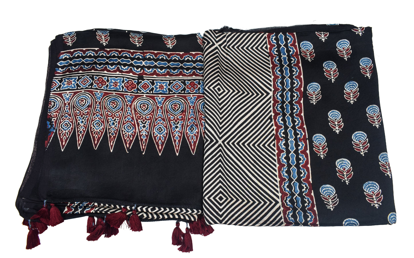Ajrakh Modal Silk Natural Dye Three Colour Print | 3 Kam | Hand Block Print Kurta-Dupatta (Two Piece Set) with Full Ajrakh Heavy Dupatta with Tassels - 2.5 Mtr Length   -  SKU : AI10601V