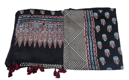 Ajrakh Modal Silk Natural Dye Three Colour Print | 3 Kam | Hand Block Print Kurta-Dupatta (Two Piece Set) with Full Ajrakh Heavy Dupatta with Tassels - 2.5 Mtr Length   -  SKU : AI10601V