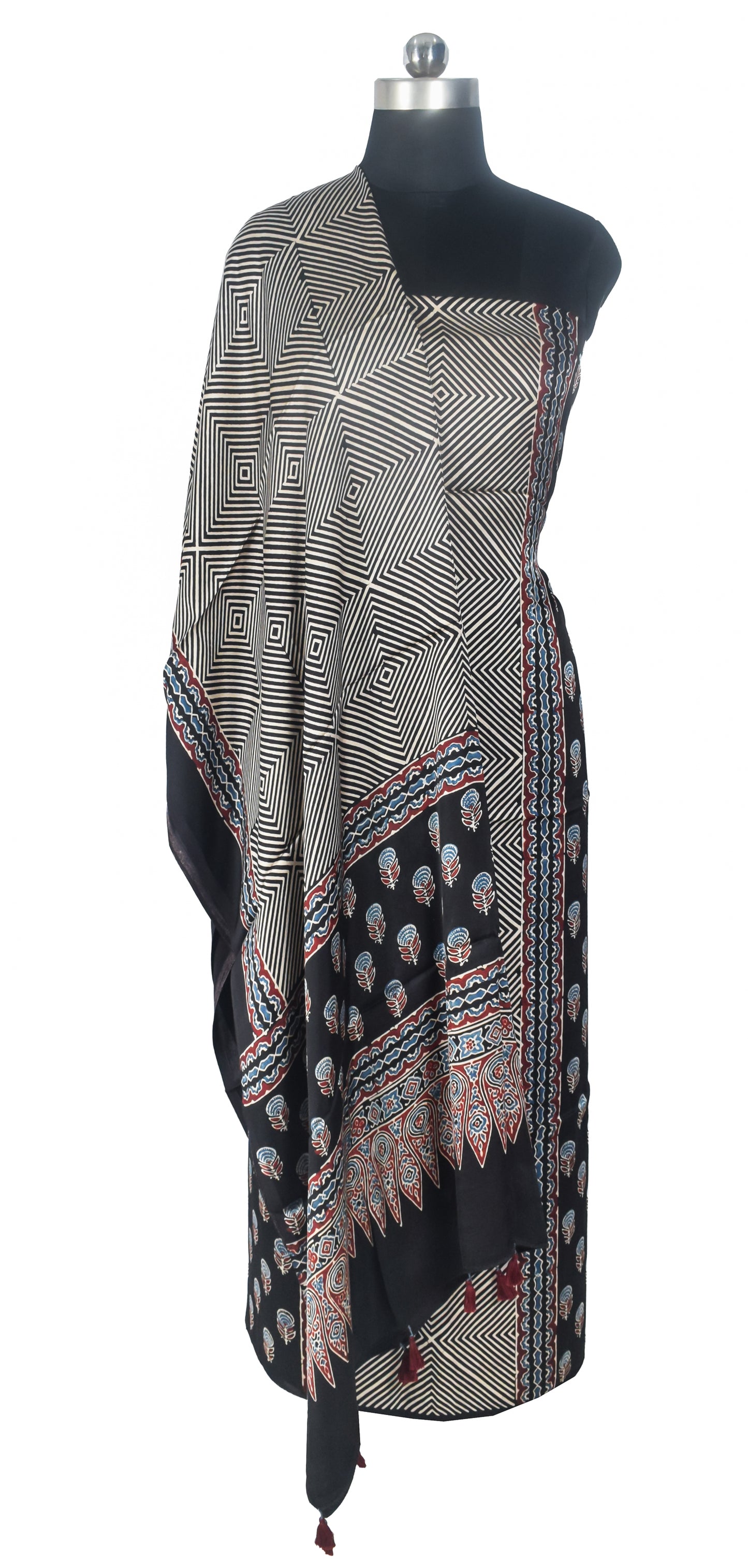 Ajrakh Modal Silk Natural Dye Three Colour Print | 3 Kam | Hand Block Print Kurta-Dupatta (Two Piece Set) with Full Ajrakh Heavy Dupatta with Tassels - 2.5 Mtr Length   -  SKU : AI10601V