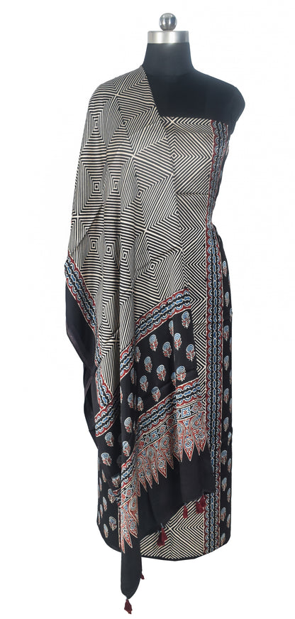 Ajrakh Modal Silk Natural Dye Three Colour Print | 3 Kam | Hand Block Print Kurta-Dupatta (Two Piece Set) with Full Ajrakh Heavy Dupatta with Tassels - 2.5 Mtr Length   -  SKU : AI10601V