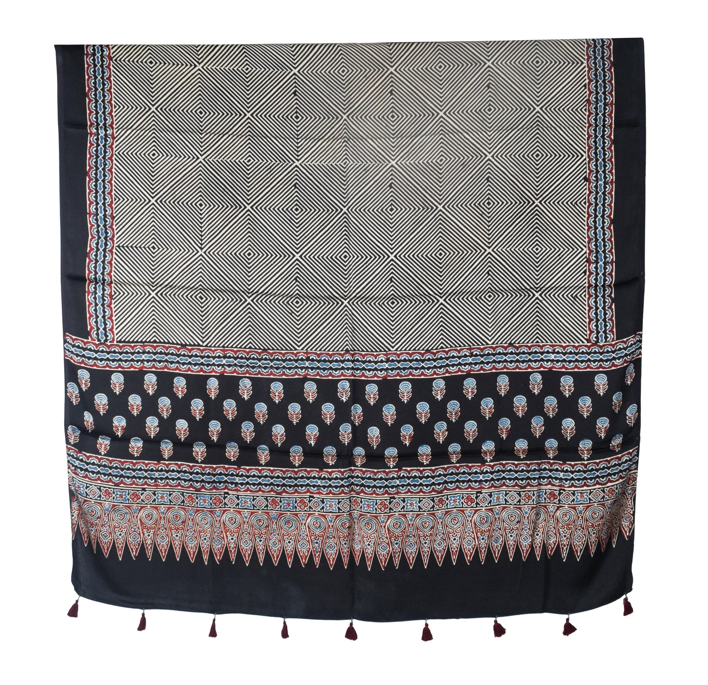 Ajrakh Modal Silk Natural Dye Three Colour Print | 3 Kam | Hand Block Print Kurta-Dupatta (Two Piece Set) with Full Ajrakh Heavy Dupatta with Tassels - 2.5 Mtr Length   -  SKU : AI10601V