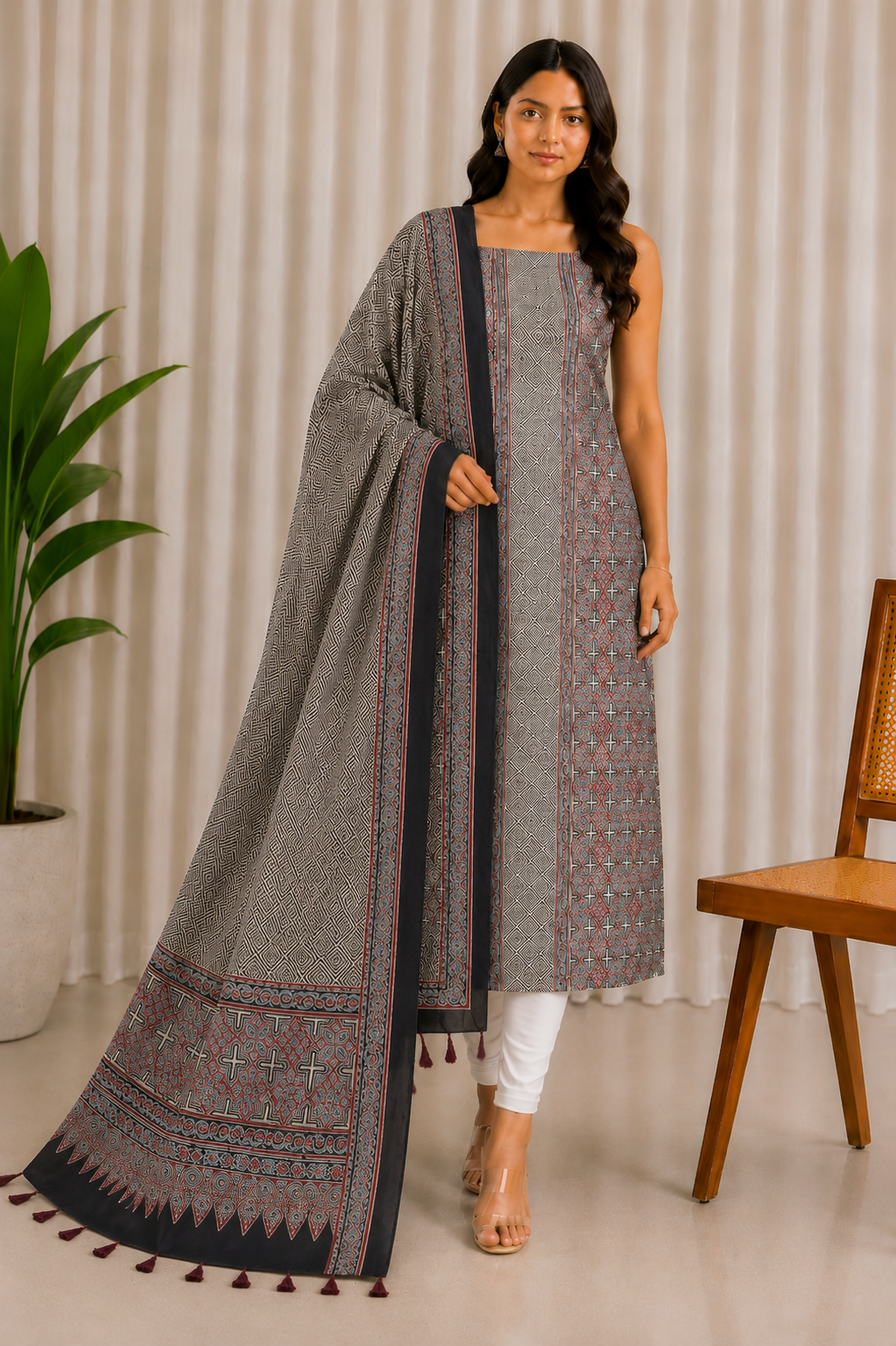 Ajrakh Modal Silk Natural Dye Three Colour Print | 3 Kam | Hand Block Print Kurta-Dupatta (Two Piece Set) with Full Ajrakh Heavy Dupatta with Tassels - 2.5 Mtr Length   -  SKU : AI10601Y