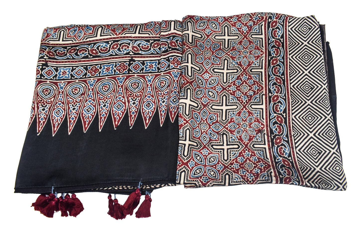 Ajrakh Modal Silk Natural Dye Three Colour Print | 3 Kam | Hand Block Print Kurta-Dupatta (Two Piece Set) with Full Ajrakh Heavy Dupatta with Tassels - 2.5 Mtr Length   -  SKU : AI10601Y