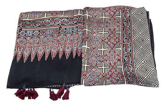Ajrakh Modal Silk Natural Dye Three Colour Print | 3 Kam | Hand Block Print Kurta-Dupatta (Two Piece Set) with Full Ajrakh Heavy Dupatta with Tassels - 2.5 Mtr Length   -  SKU : AI10601Y