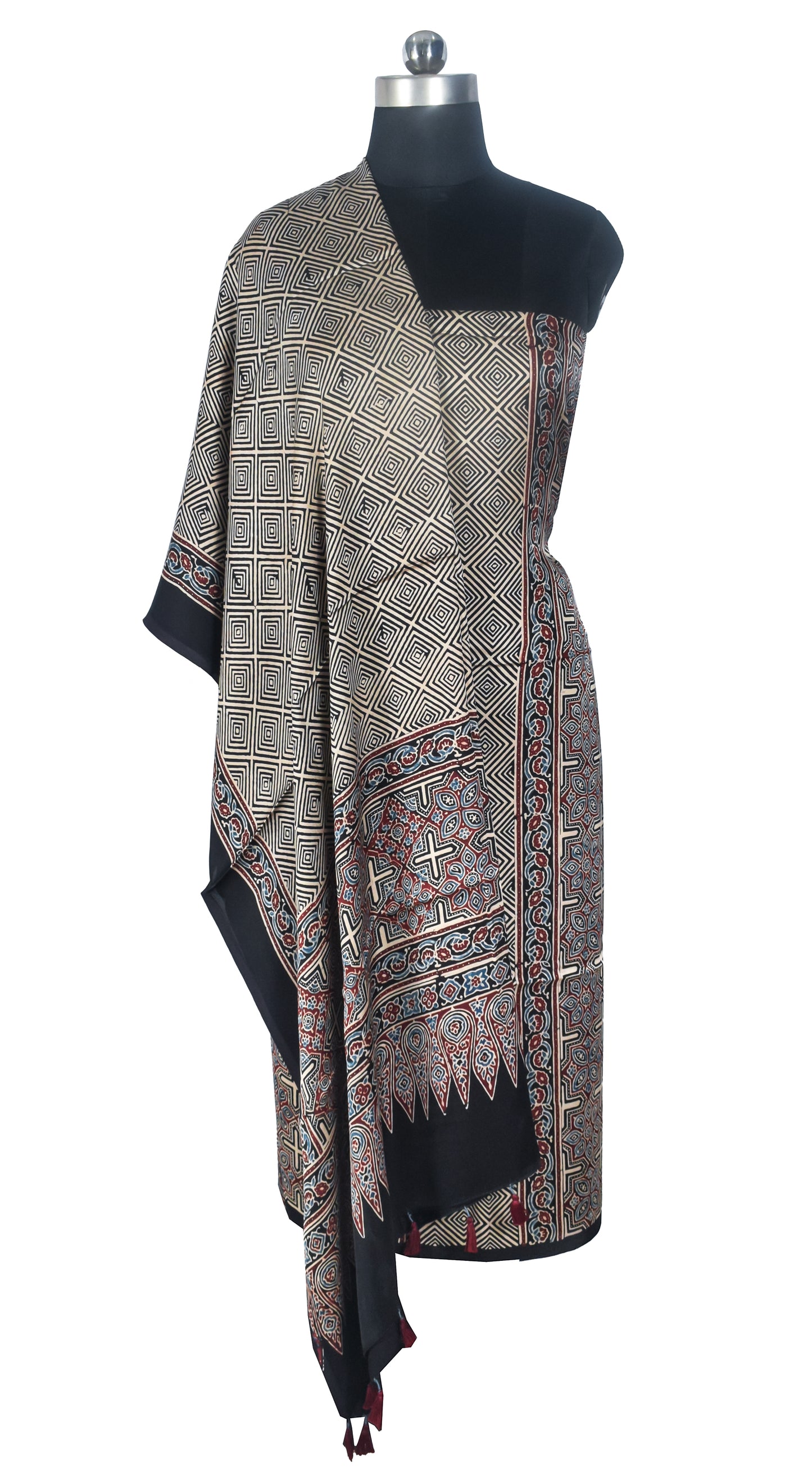 Ajrakh Modal Silk Natural Dye Three Colour Print | 3 Kam | Hand Block Print Kurta-Dupatta (Two Piece Set) with Full Ajrakh Heavy Dupatta with Tassels - 2.5 Mtr Length   -  SKU : AI10601Y