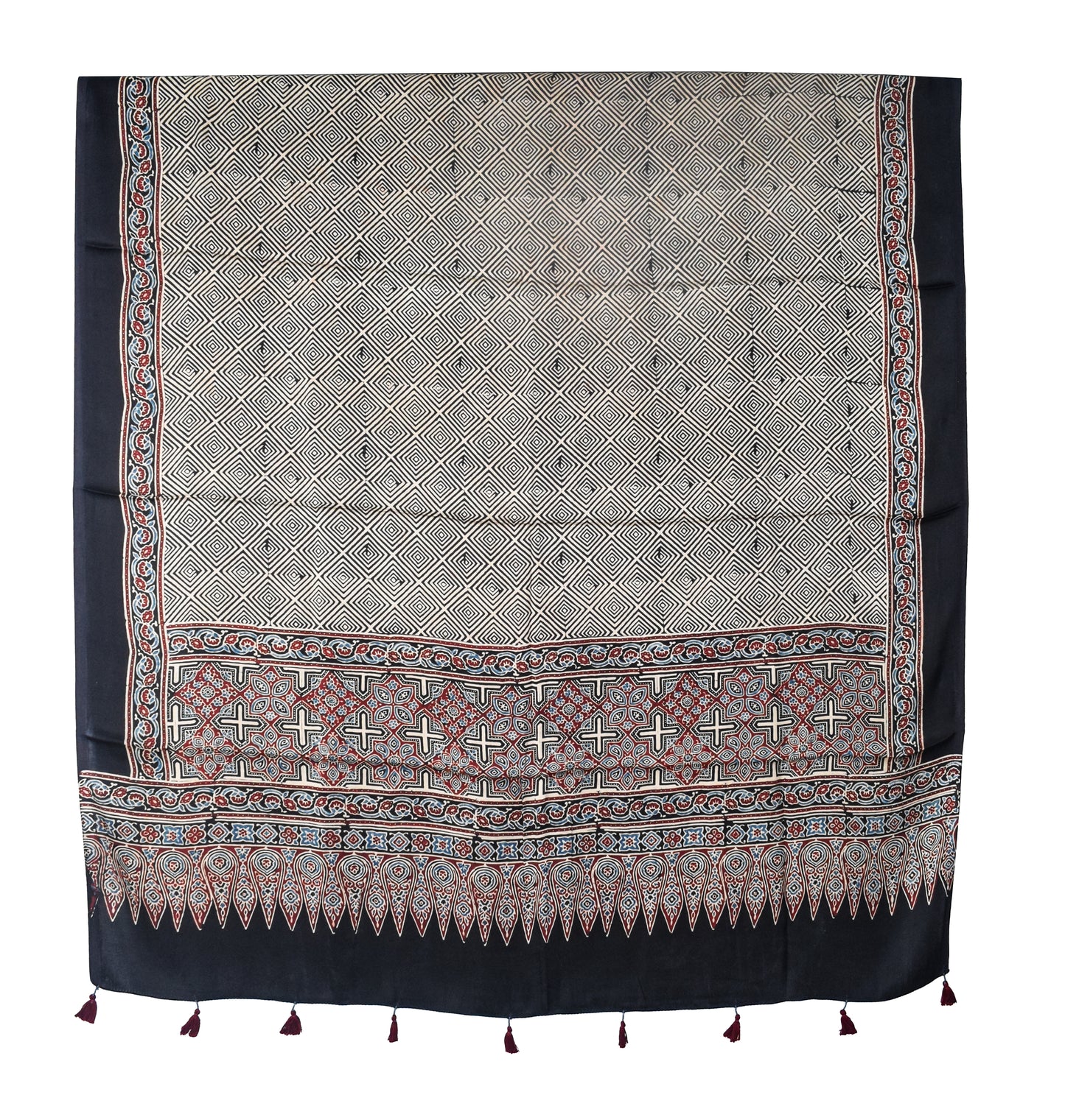 Ajrakh Modal Silk Natural Dye Three Colour Print | 3 Kam | Hand Block Print Kurta-Dupatta (Two Piece Set) with Full Ajrakh Heavy Dupatta with Tassels - 2.5 Mtr Length   -  SKU : AI10601Y