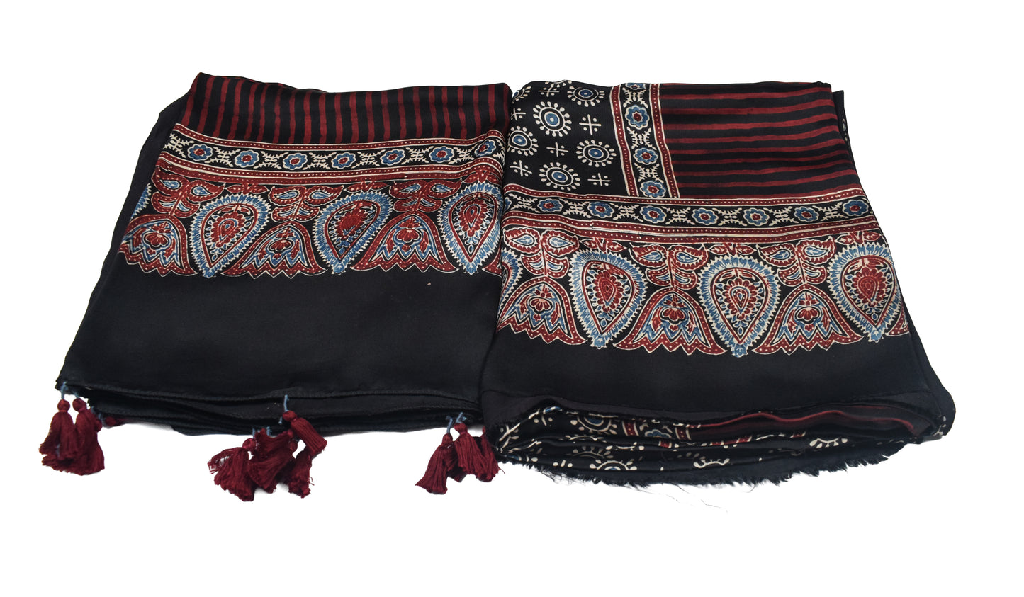 Ajrakh Modal Silk Natural Dye Three Colour Print | 3 Kam | Hand Block Print Kurta-Dupatta (Two Piece Set) with Full Ajrakh Heavy Dupatta with Tassels - 2.5 Mtr Length   -  SKU : AI1060AB