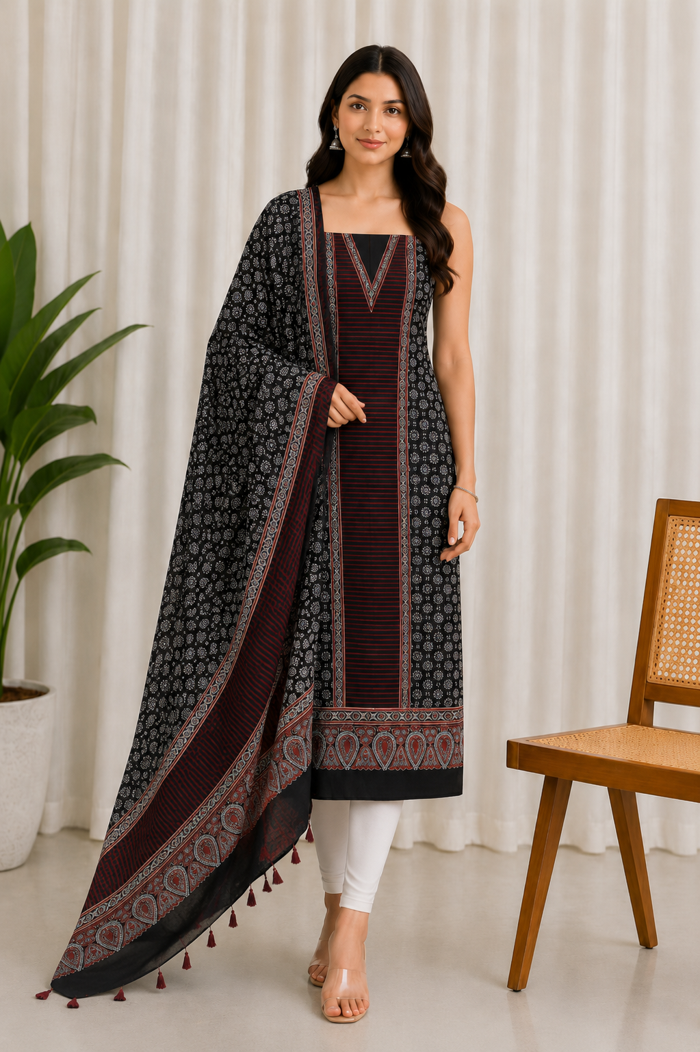 Ajrakh Modal Silk Natural Dye Three Colour Print | 3 Kam | Hand Block Print Kurta-Dupatta (Two Piece Set) with Full Ajrakh Heavy Dupatta with Tassels - 2.5 Mtr Length   -  SKU : AI1060AB