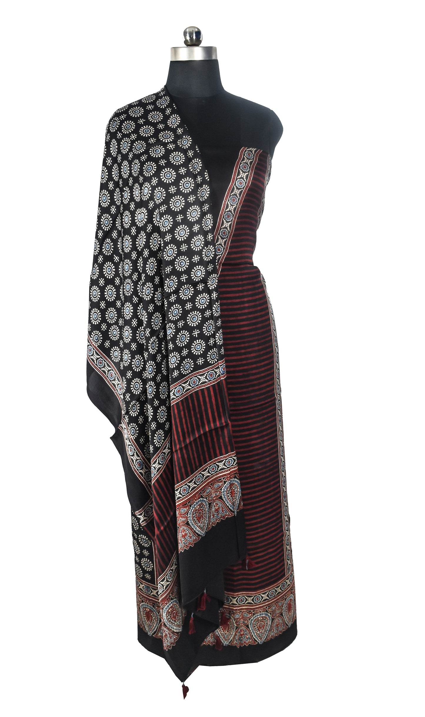 Ajrakh Modal Silk Natural Dye Three Colour Print | 3 Kam | Hand Block Print Kurta-Dupatta (Two Piece Set) with Full Ajrakh Heavy Dupatta with Tassels - 2.5 Mtr Length   -  SKU : AI1060AB