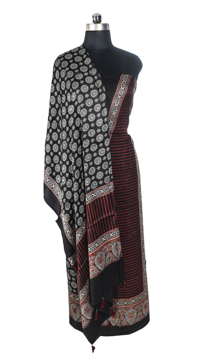 Ajrakh Modal Silk Natural Dye Three Colour Print | 3 Kam | Hand Block Print Kurta-Dupatta (Two Piece Set) with Full Ajrakh Heavy Dupatta with Tassels - 2.5 Mtr Length   -  SKU : AI1060AB