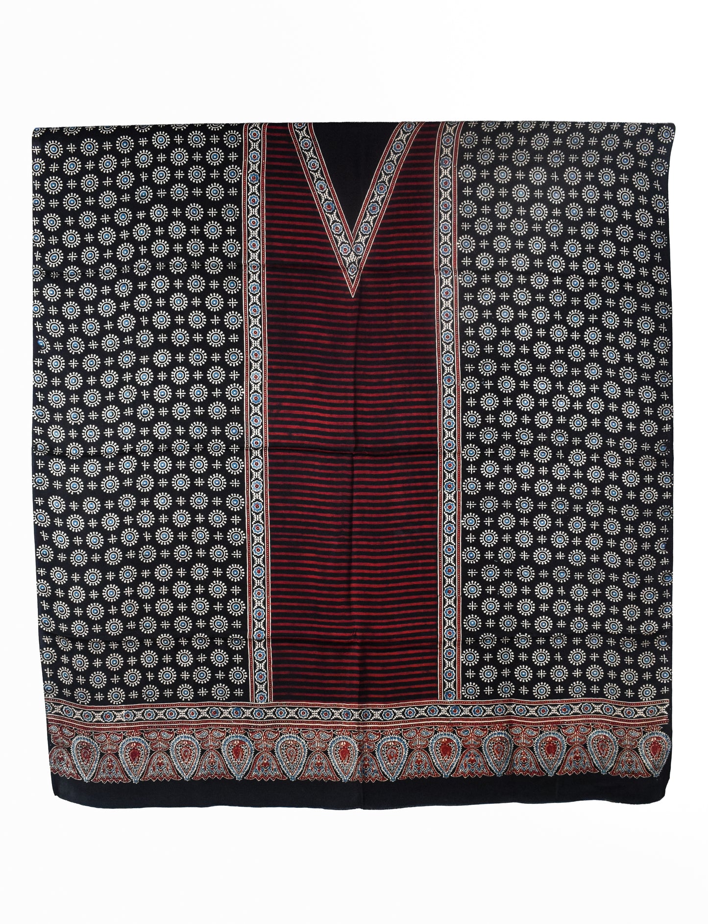 Ajrakh Modal Silk Natural Dye Three Colour Print | 3 Kam | Hand Block Print Kurta-Dupatta (Two Piece Set) with Full Ajrakh Heavy Dupatta with Tassels - 2.5 Mtr Length   -  SKU : AI1060AB