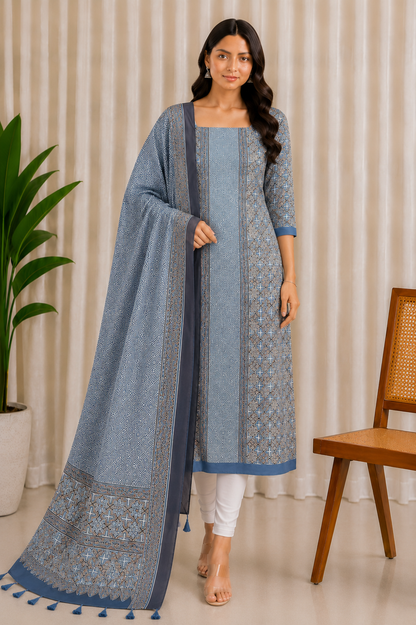Ajrakh Modal Silk Natural Dye Three Colour Print | 3 Kam | Hand Block Print Kurta-Dupatta (Two Piece Set) with Full Ajrakh Heavy Dupatta with Tassels - 2.5 Mtr Length   -  SKU : AI10601C