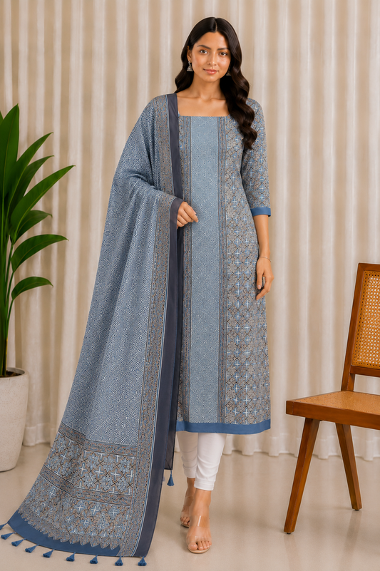 Ajrakh Modal Silk Natural Dye Three Colour Print | 3 Kam | Hand Block Print Kurta-Dupatta (Two Piece Set) with Full Ajrakh Heavy Dupatta with Tassels - 2.5 Mtr Length   -  SKU : AI10601C