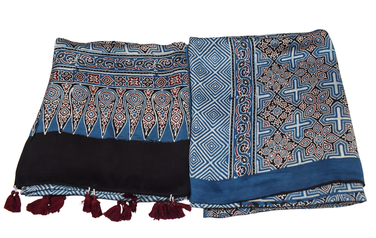 Ajrakh Modal Silk Natural Dye Three Colour Print | 3 Kam | Hand Block Print Kurta-Dupatta (Two Piece Set) with Full Ajrakh Heavy Dupatta with Tassels - 2.5 Mtr Length   -  SKU : AI10601C