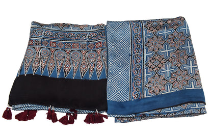 Ajrakh Modal Silk Natural Dye Three Colour Print | 3 Kam | Hand Block Print Kurta-Dupatta (Two Piece Set) with Full Ajrakh Heavy Dupatta with Tassels - 2.5 Mtr Length   -  SKU : AI10601C