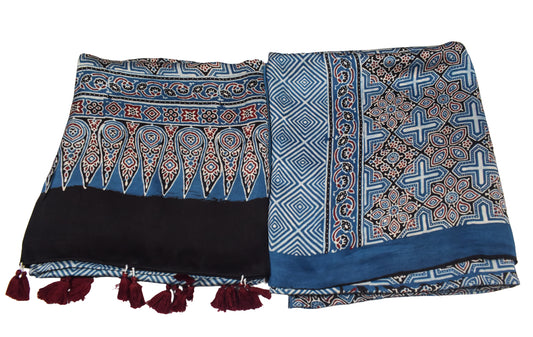 Ajrakh Modal Silk Natural Dye Three Colour Print | 3 Kam | Hand Block Print Kurta-Dupatta (Two Piece Set) with Full Ajrakh Heavy Dupatta with Tassels - 2.5 Mtr Length   -  SKU : AI10601C