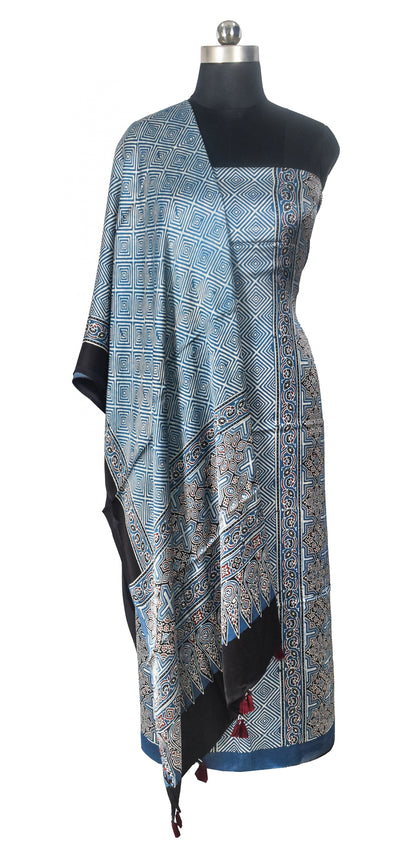 Ajrakh Modal Silk Natural Dye Three Colour Print | 3 Kam | Hand Block Print Kurta-Dupatta (Two Piece Set) with Full Ajrakh Heavy Dupatta with Tassels - 2.5 Mtr Length   -  SKU : AI10601C