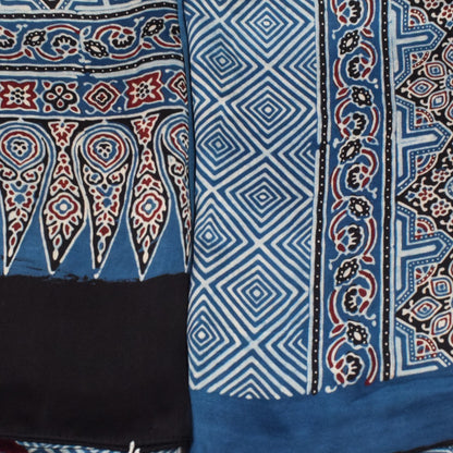 Ajrakh Modal Silk Natural Dye Three Colour Print | 3 Kam | Hand Block Print Kurta-Dupatta (Two Piece Set) with Full Ajrakh Heavy Dupatta with Tassels - 2.5 Mtr Length   -  SKU : AI10601C