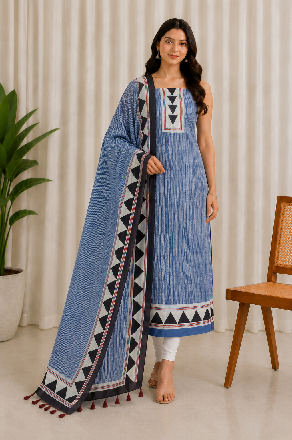 Ajrakh Modal Silk Natural Dye Three Colour Print | 3 Kam | Hand Block Print Kurta-Dupatta (Two Piece Set) with Full Ajrakh Heavy Dupatta with Tassels - 2.5 Mtr Length   -  SKU : AI10601F