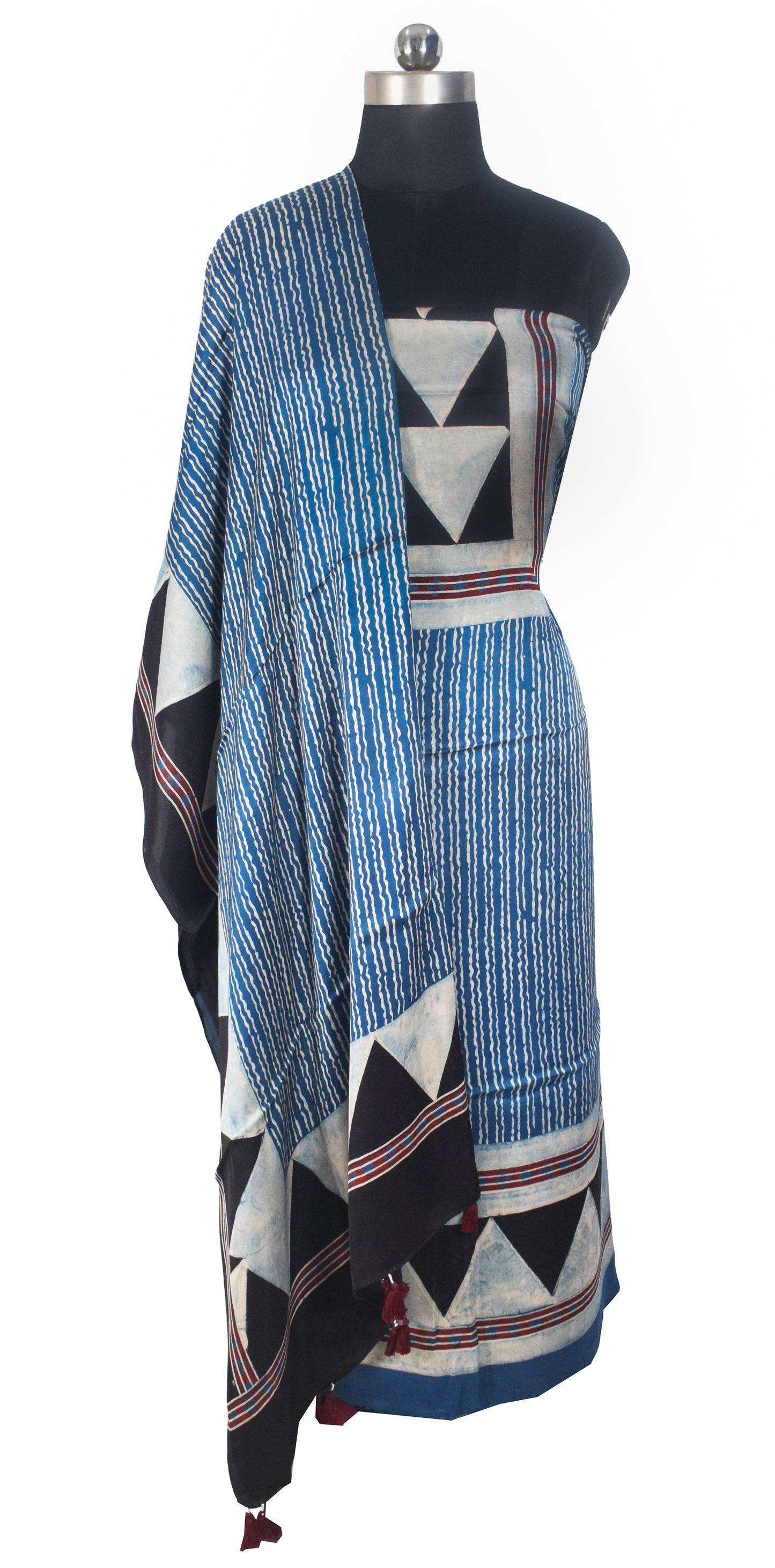 Ajrakh Modal Silk Natural Dye Three Colour Print | 3 Kam | Hand Block Print Kurta-Dupatta (Two Piece Set) with Full Ajrakh Heavy Dupatta with Tassels - 2.5 Mtr Length   -  SKU : AI10601F