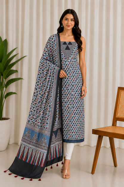 Ajrakh Modal Silk Natural Dye Three Colour Print | 3 Kam | Hand Block Print Kurta-Dupatta (Two Piece Set) with Full Ajrakh Heavy Dupatta with Tassels - 2.5 Mtr Length   -  SKU : AI10601I