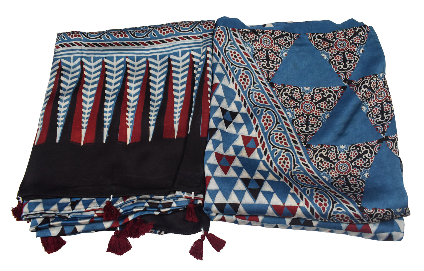 Ajrakh Modal Silk Natural Dye Three Colour Print | 3 Kam | Hand Block Print Kurta-Dupatta (Two Piece Set) with Full Ajrakh Heavy Dupatta with Tassels - 2.5 Mtr Length   -  SKU : AI10601I