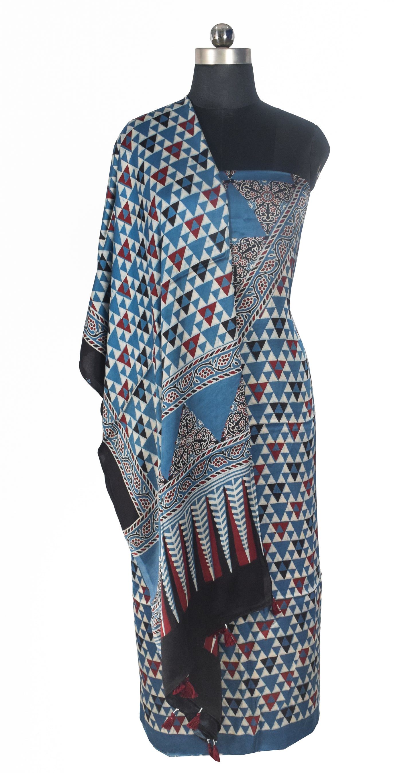 Ajrakh Modal Silk Natural Dye Three Colour Print | 3 Kam | Hand Block Print Kurta-Dupatta (Two Piece Set) with Full Ajrakh Heavy Dupatta with Tassels - 2.5 Mtr Length   -  SKU : AI10601I