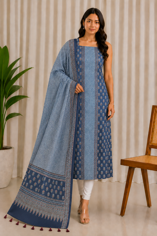 Ajrakh Modal Silk Natural Dye Three Colour Print | 3 Kam | Hand Block Print Kurta-Dupatta (Two Piece Set) with Full Ajrakh Heavy Dupatta with Tassels - 2.5 Mtr Length   -  SKU : AI10601L