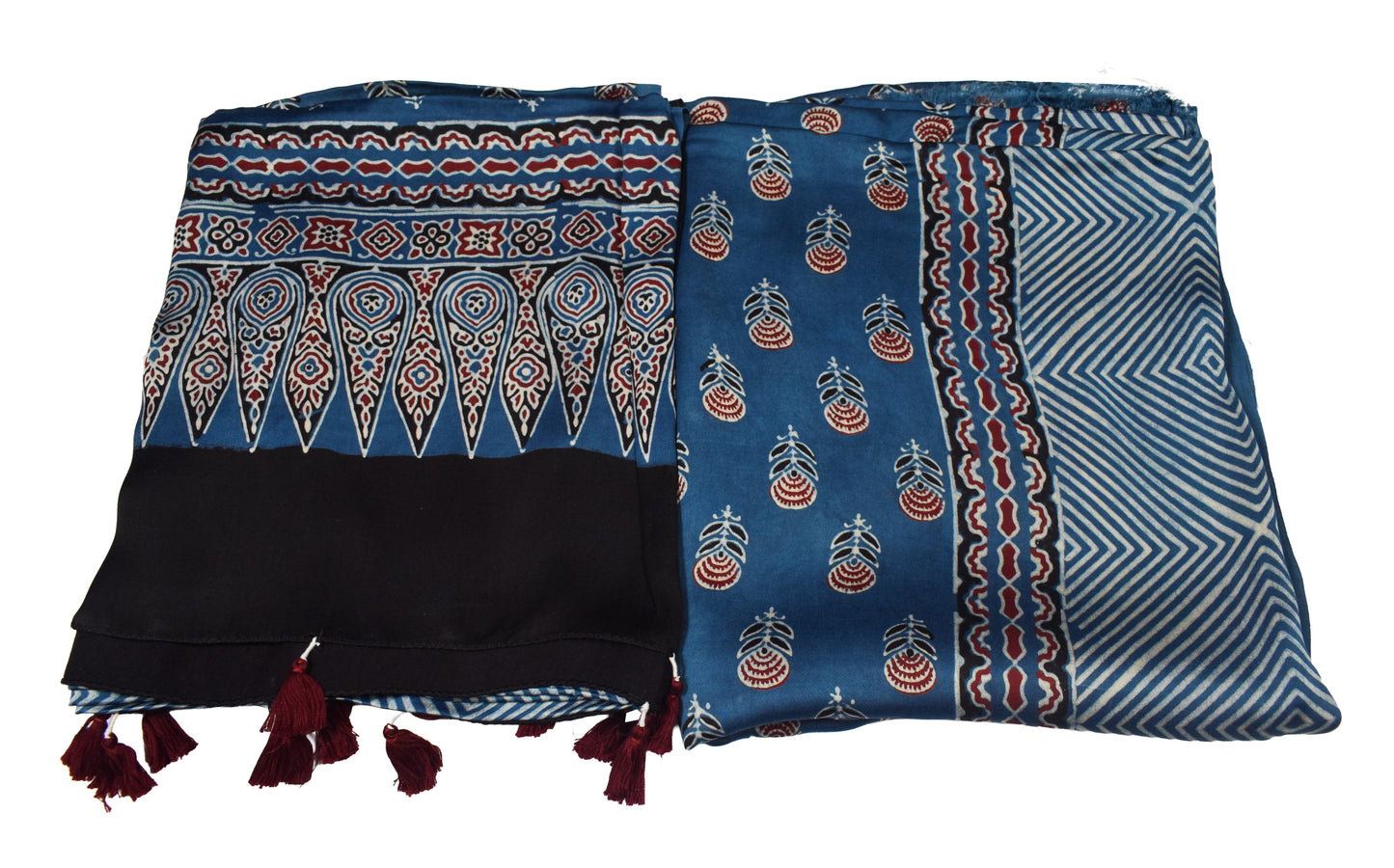 Ajrakh Modal Silk Natural Dye Three Colour Print | 3 Kam | Hand Block Print Kurta-Dupatta (Two Piece Set) with Full Ajrakh Heavy Dupatta with Tassels - 2.5 Mtr Length   -  SKU : AI10601L