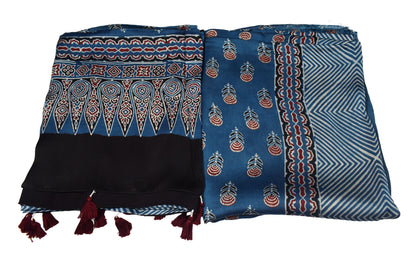 Ajrakh Modal Silk Natural Dye Three Colour Print | 3 Kam | Hand Block Print Kurta-Dupatta (Two Piece Set) with Full Ajrakh Heavy Dupatta with Tassels - 2.5 Mtr Length   -  SKU : AI10601L