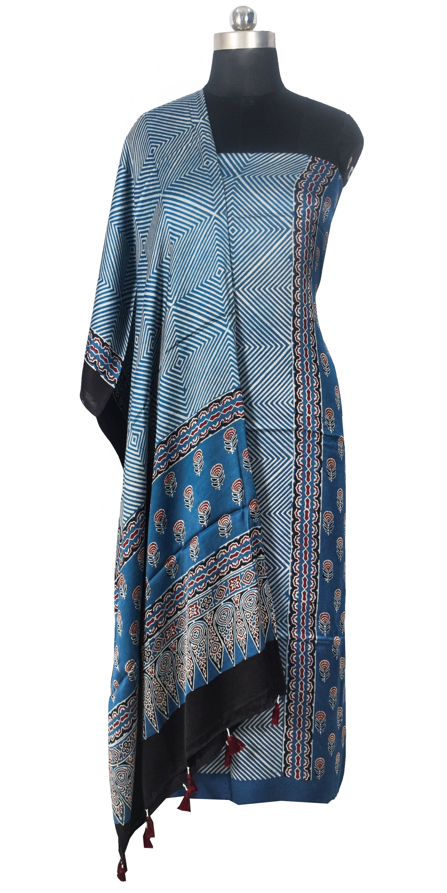 Ajrakh Modal Silk Natural Dye Three Colour Print | 3 Kam | Hand Block Print Kurta-Dupatta (Two Piece Set) with Full Ajrakh Heavy Dupatta with Tassels - 2.5 Mtr Length   -  SKU : AI10601L