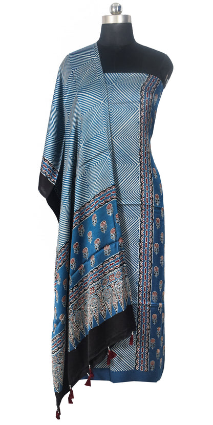 Ajrakh Modal Silk Natural Dye Three Colour Print | 3 Kam | Hand Block Print Kurta-Dupatta (Two Piece Set) with Full Ajrakh Heavy Dupatta with Tassels - 2.5 Mtr Length   -  SKU : AI10601L