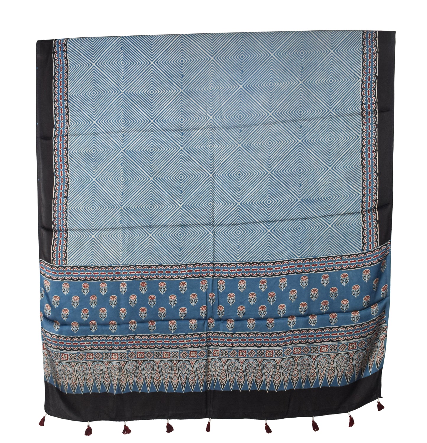 Ajrakh Modal Silk Natural Dye Three Colour Print | 3 Kam | Hand Block Print Kurta-Dupatta (Two Piece Set) with Full Ajrakh Heavy Dupatta with Tassels - 2.5 Mtr Length   -  SKU : AI10601L