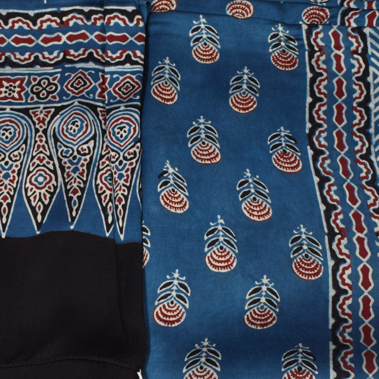 Ajrakh Modal Silk Natural Dye Three Colour Print | 3 Kam | Hand Block Print Kurta-Dupatta (Two Piece Set) with Full Ajrakh Heavy Dupatta with Tassels - 2.5 Mtr Length   -  SKU : AI10601L