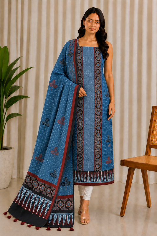 Ajrakh Modal Silk Natural Dye Three Colour Print | 3 Kam | Hand Block Print Kurta-Dupatta (Two Piece Set) with Full Ajrakh Heavy Dupatta with Tassels - 2.5 Mtr Length   -  SKU : AI10601O