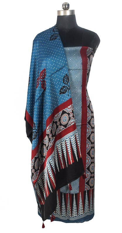 Ajrakh Modal Silk Natural Dye Three Colour Print | 3 Kam | Hand Block Print Kurta-Dupatta (Two Piece Set) with Full Ajrakh Heavy Dupatta with Tassels - 2.5 Mtr Length   -  SKU : AI10601O