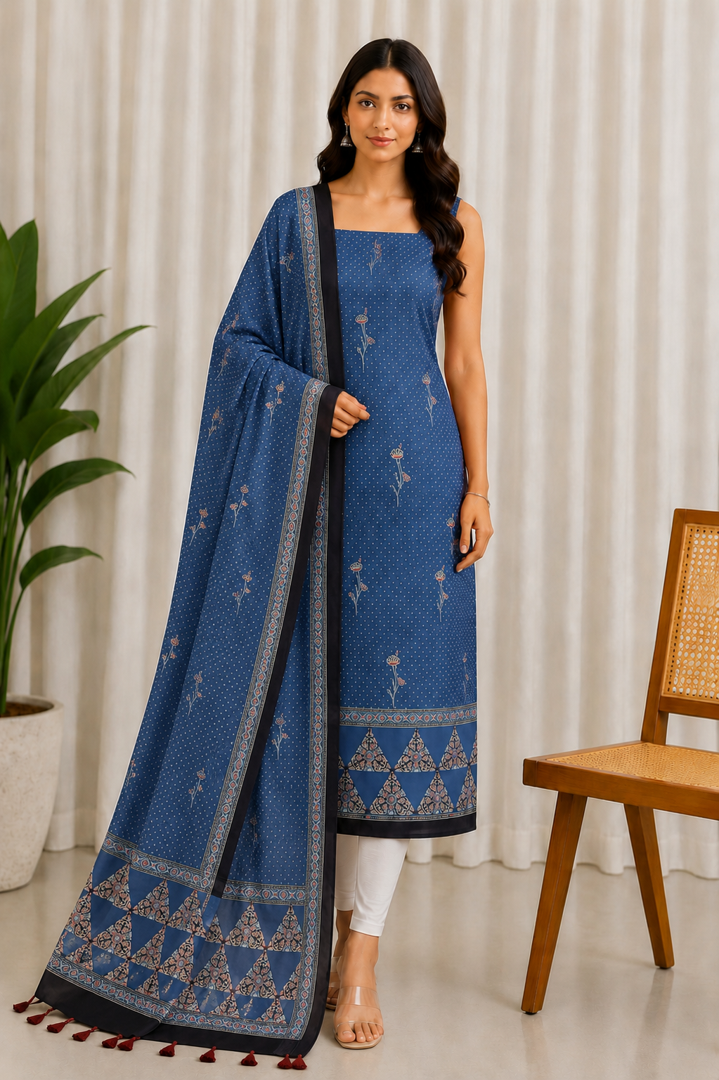Ajrakh Modal Silk Natural Dye Three Colour Print | 3 Kam | Hand Block Print Kurta-Dupatta (Two Piece Set) with Full Ajrakh Heavy Dupatta with Tassels - 2.5 Mtr Length   -  SKU : AI10601U