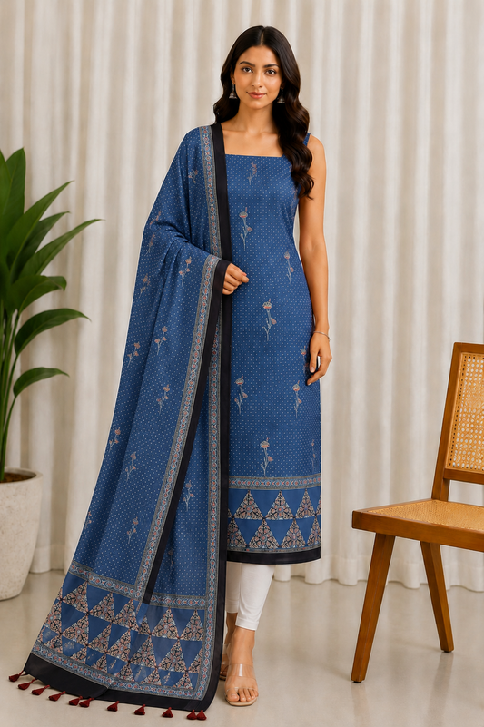 Ajrakh Modal Silk Natural Dye Three Colour Print | 3 Kam | Hand Block Print Kurta-Dupatta (Two Piece Set) with Full Ajrakh Heavy Dupatta with Tassels - 2.5 Mtr Length   -  SKU : AI10601U