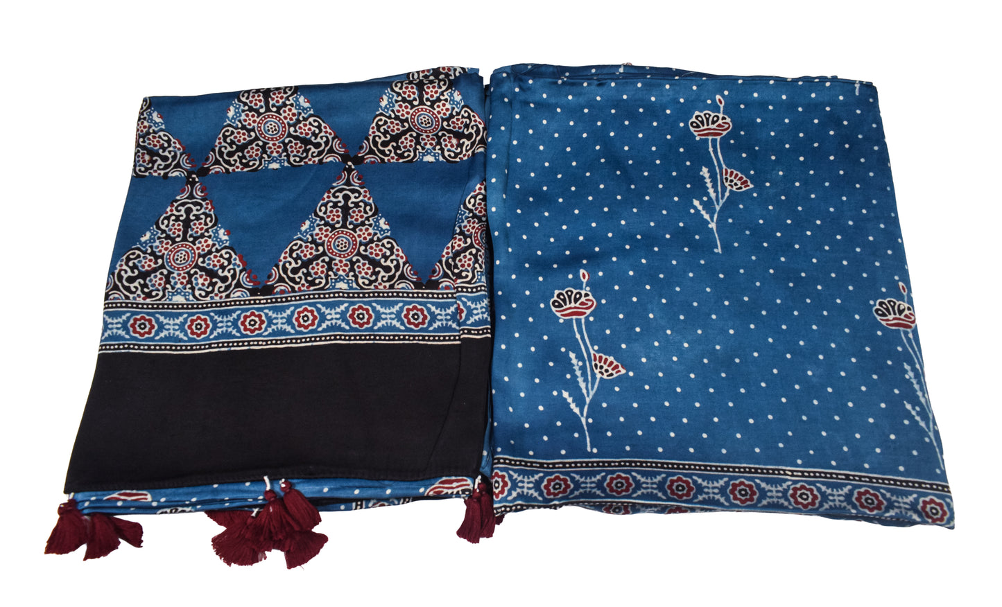 Ajrakh Modal Silk Natural Dye Three Colour Print | 3 Kam | Hand Block Print Kurta-Dupatta (Two Piece Set) with Full Ajrakh Heavy Dupatta with Tassels - 2.5 Mtr Length   -  SKU : AI10601U