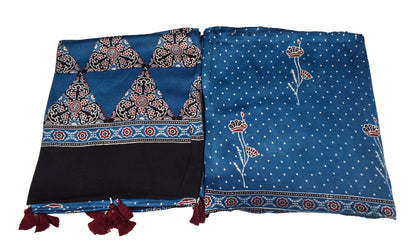 Ajrakh Modal Silk Natural Dye Three Colour Print | 3 Kam | Hand Block Print Kurta-Dupatta (Two Piece Set) with Full Ajrakh Heavy Dupatta with Tassels - 2.5 Mtr Length   -  SKU : AI10601U