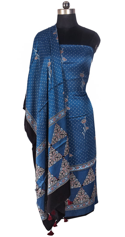 Ajrakh Modal Silk Natural Dye Three Colour Print | 3 Kam | Hand Block Print Kurta-Dupatta (Two Piece Set) with Full Ajrakh Heavy Dupatta with Tassels - 2.5 Mtr Length   -  SKU : AI10601U