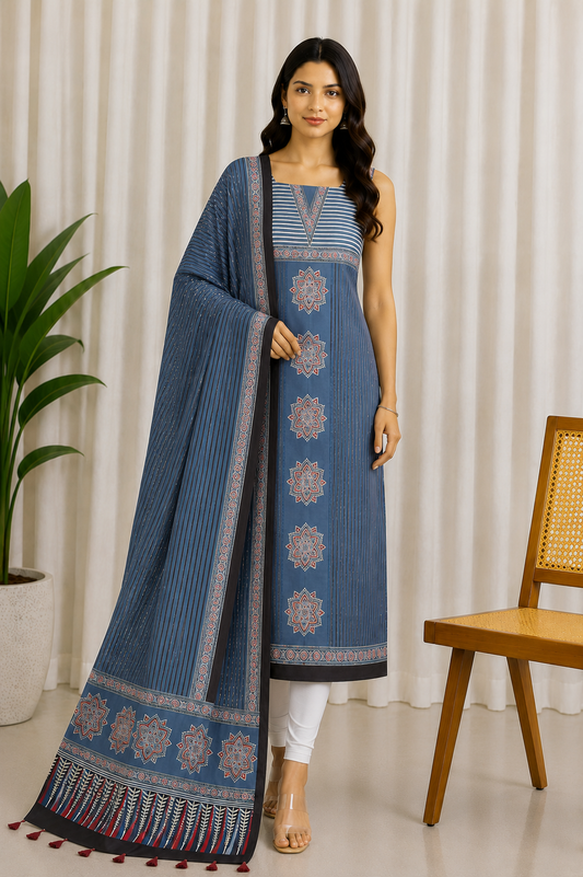 Ajrakh Modal Silk Natural Dye Three Colour Print | 3 Kam | Hand Block Print Kurta-Dupatta (Two Piece Set) with Full Ajrakh Heavy Dupatta with Tassels - 2.5 Mtr Length   -  SKU : AI10601X