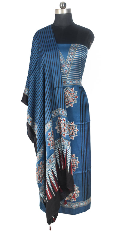 Ajrakh Modal Silk Natural Dye Three Colour Print | 3 Kam | Hand Block Print Kurta-Dupatta (Two Piece Set) with Full Ajrakh Heavy Dupatta with Tassels - 2.5 Mtr Length   -  SKU : AI10601X