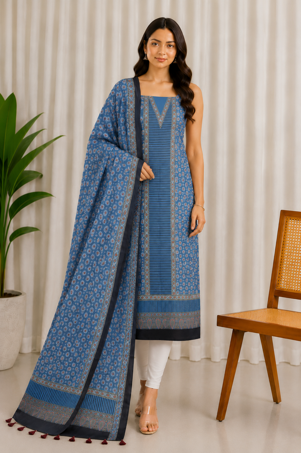Ajrakh Modal Silk Natural Dye Three Colour Print | 3 Kam | Hand Block Print Kurta-Dupatta (Two Piece Set) with Full Ajrakh Heavy Dupatta with Tassels - 2.5 Mtr Length   -  SKU : AI1060AA