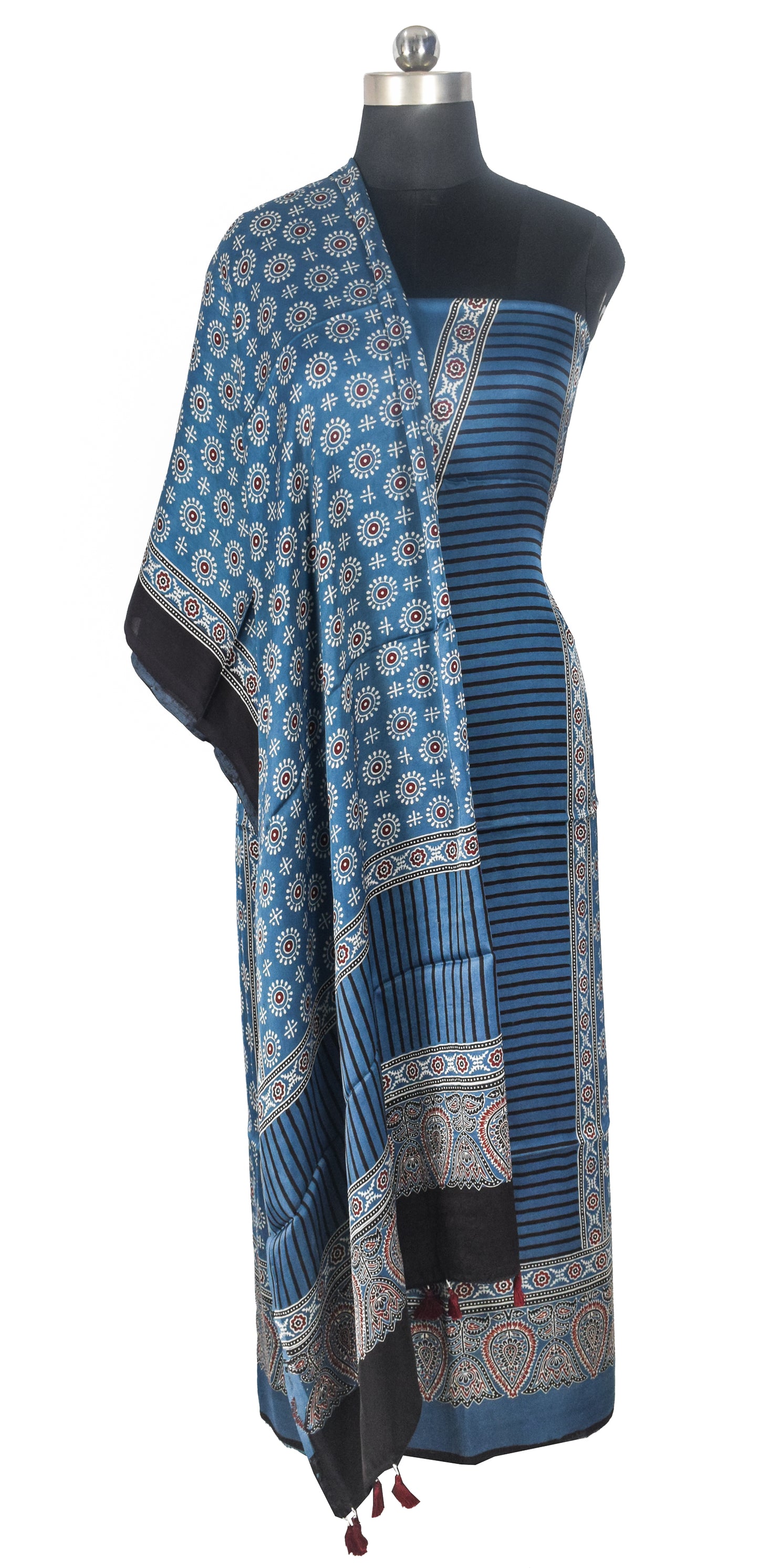 Ajrakh Modal Silk Natural Dye Three Colour Print | 3 Kam | Hand Block Print Kurta-Dupatta (Two Piece Set) with Full Ajrakh Heavy Dupatta with Tassels - 2.5 Mtr Length   -  SKU : AI1060AA